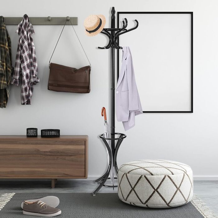 GIANTEX Coat Rack with Umbrella Stand, Clothes Rack Wood with 12 Clothes Hooks, Coat Tree Wood Freestanding, Standing Coat Rack for Entryway Living Room (white) (black)