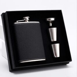 Фляга з нержавіючої сталі 8oz (240 мл) з подарунковим набором: два стакани та воронка. Чорна шкіряна фляга з малюнком лічі. Підходить для алкоголю