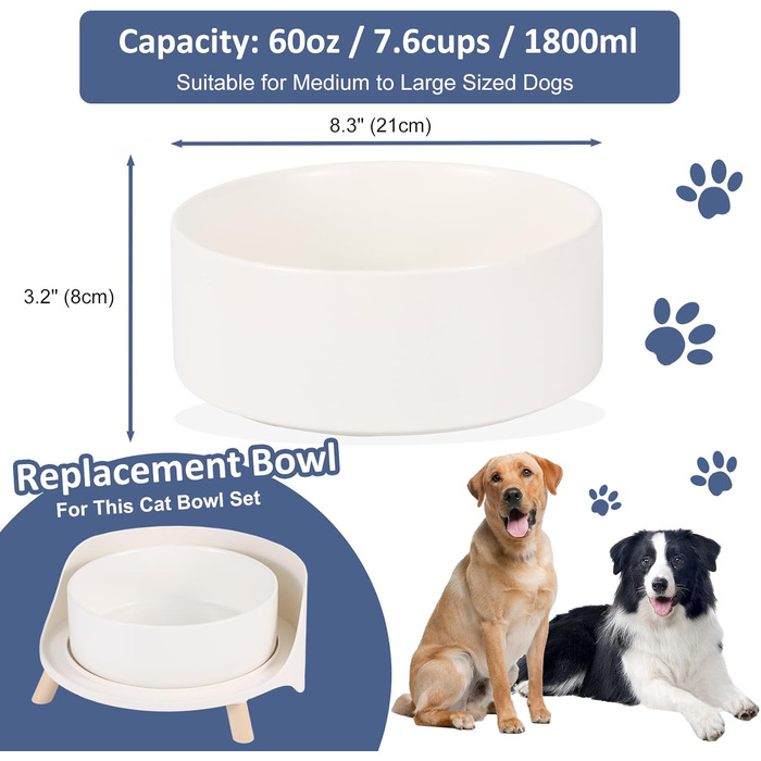 Керамічна миска для собак середніх та великих порід - важка, глибока миска для корму або води - 1800 мл - біла. Миски для собак великих порід