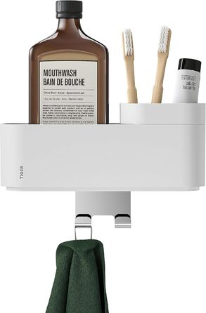 Tiger 2-Tier Bathroom Shelf with Integrated Toothbrush Holder and Hooks, Bathroom Shelf for Shower and Vanity to Store Bathroom Accessories, Color: White