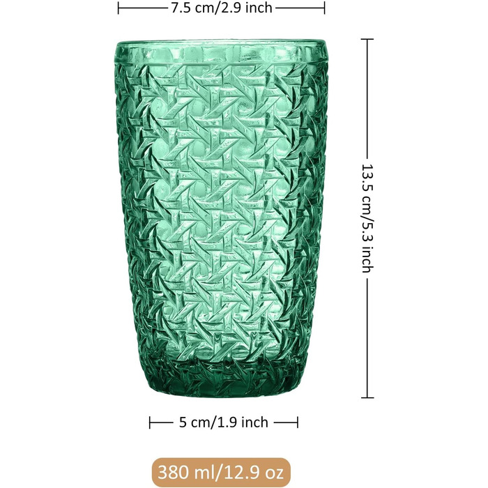 Joeyan 380ml Green Drinking Glasses with Embossed Design, Water Glasses Dishwasher Safe, Long Drink Glasses Set of 4