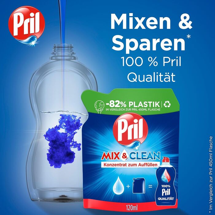 Концентрат для миття посуду PRIL Mix & Clean для дозаправки, засіб для ручного миття з високою жиророзчинною здатністю (9 x 120 мл)