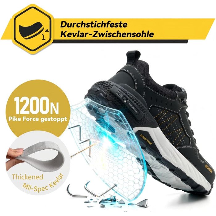 Черевики робочі чоловічі з металевим носком, легкі, дихаючі та міцні, з Clickers та захистом від проколів, неслизька підошва – взуття для професій та будівництва, 44 EU, чорний