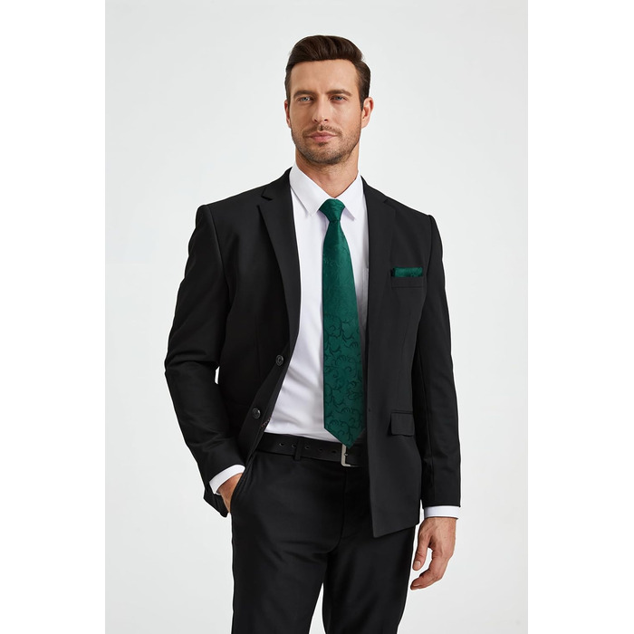 Краватка для чоловіків HISDERN з кишеньковим хустинкою, патерн пейслі, формальний стиль, класична краватка та комплект кишенькових хустинок для чоловіків, N-Зелений-2