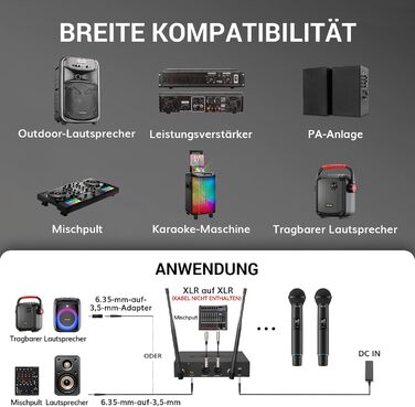 TONOR TW750 Бездротовий мікрофон UHF з регулюванням, 2 шт., 100м радіус дії, світлодіодний індикатор, автосканування, для караоке, церкви, вечірок