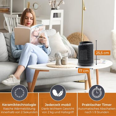 Електричний обігрівач KRAMER 2000W з PTC-керамікою, енергозберігаючий, 3 режими, таймер 9 год, термостат, захист від перегріву та перекидання, з пультом керування, для дому (чорний)
