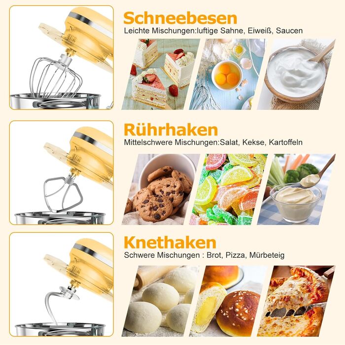 Кухонна машина AUMATE 1400 Вт, планетарний міксер з чашею 6,2 л, тістоміс з набором насадок (гак, вінчик, міксер), 6 швидкостей, лимонний колір