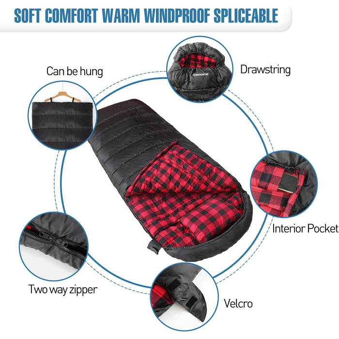 Спальний мішок Outdoor Flanell Warmer для туризму та кемпінгу. Бавовняне внутрішнє утеплення, до -1°C, XXL, 230x90 см, чорний, зима, дорослий