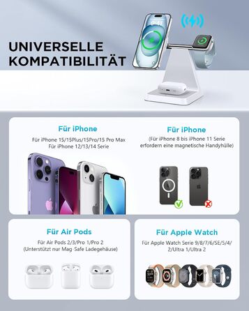 Бездротовий зарядний пристрій MagSafe 3-в-1 для iPhone: зарядка для Apple Watch та AirPods, сумісна з iPhone 16, 15, 14, 13, 12 (білий)