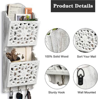 Дерев'яний органайзер для ключів з поличкою та відділенням для листів, крейдяною дошкою та 8 гачками, настінний (античний)