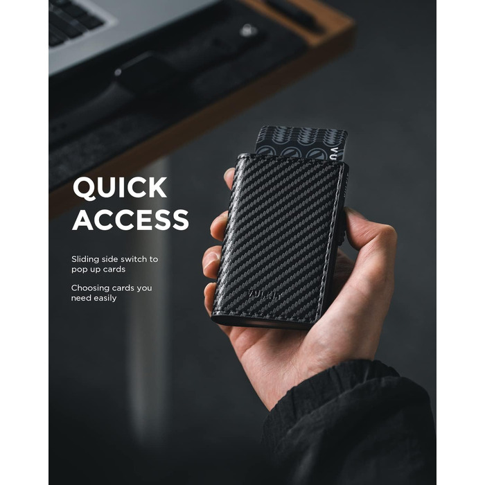 VULKIT Картхолдер Pop-up RFID захист. Шкіряний картник для 11 карток та купюр. Чорний карбон
