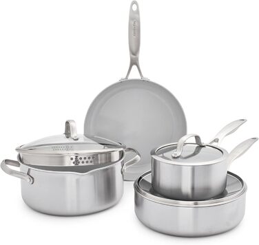 Набір кухонного посуду GreenPan Venice Tri-Ply 7 предметів: каструлі та сковороди з нержавіючої сталі, антипригарне покриття, без PFAS, для індукційних плит, сумісний з духовкою, сріблястий