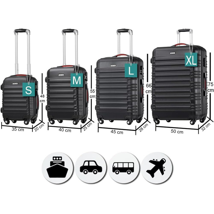 Набір валіз ABS S-M-L-XL з кодовим замком, телескопічною ручкою та 4 колесами, робусний дорожній набір, ручна поклажа (Чорний)