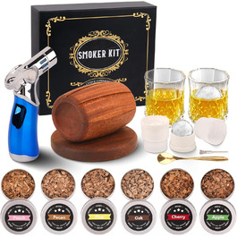 Набір для копчення коктейлів: 6 смаків, дерев'яні чипси, форми для льоду, 2 склянки. Ідеальний подарунок для чоловіків. (Без бутану)