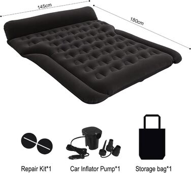 Надувний матрац для авто Vinteky з електричним насосом, 180x145 см, чорний (для кемпінгу, подорожей, SUV, універсальний)