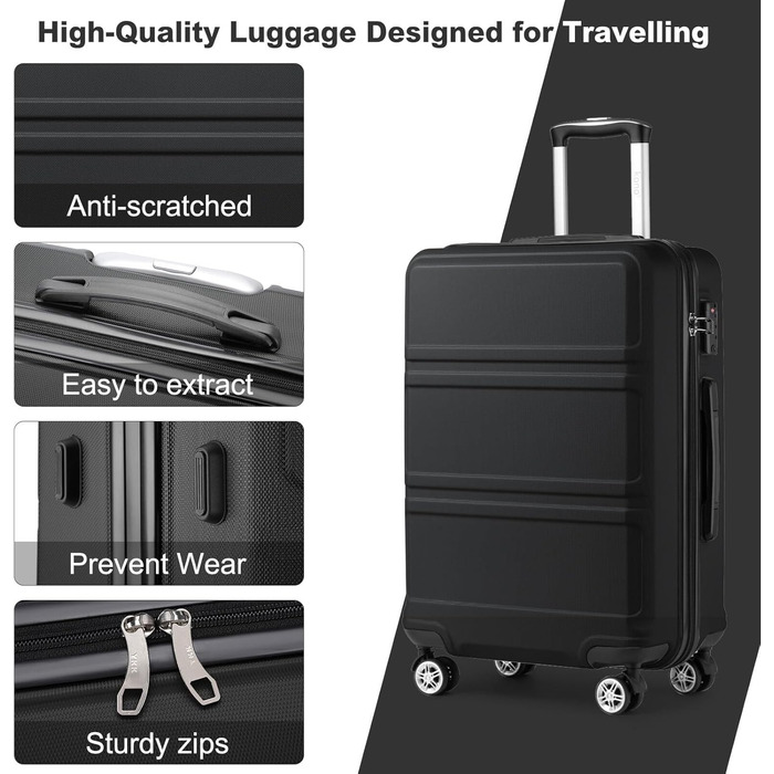 KONO Валіза-роликовий багаж середнього розміру 24 дюйми, ABS, з TSA-замком, 4 колеса, 65×44×25.5 см, Кремово-білий (Чорний, 3-частинний набір)