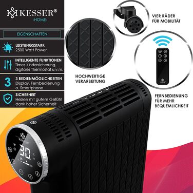 Електричний масляний радіатор KESSER 2500W з WiFi, дисплеєм, термостатом, таймером, сенсорним управлінням і захистом від перегріву, чорний