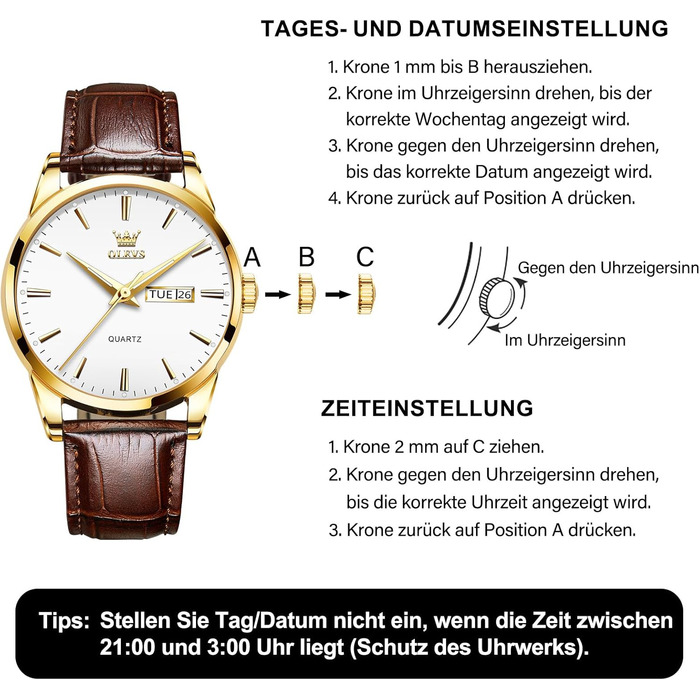 Чоловічий годинник OLEVS з нержавіючої сталі, кварцовий аналоговий годинник, класичний діловий годинник, водостійкий годинник з підсвічуванням, дата, ремінець з натуральної шкіри (білий циферблат/коричневий ремінець)