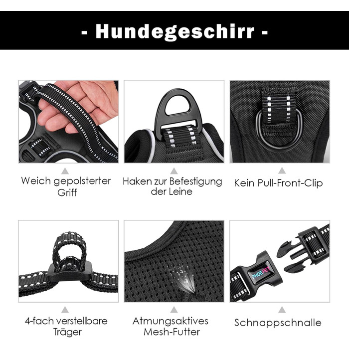Шлейка для собак PHOEPET No Pull, чорна, розмір L - шлейка для прогулянок без натягування, з контролем та світловідбиваючими смугами