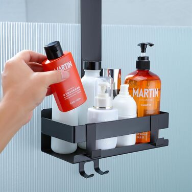 Cooeco Shower Shelf for Hanging Black - Hanging Shower Basket Stainless Steel, Shower Shelf for Hanging without Drilling, Hanging Shower Shelf with Hooks for Glass Shower Wall