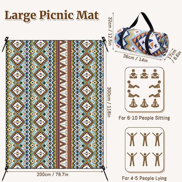 Плед для пікніка Boho водонепроникний XL (200x300 см) з ручкою та кілочками для пляжу, кемпінгу, парку – Boho стиль