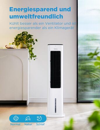 Midea 4-in-1 Portable Air Conditioner, Tower Fan with Water Cooling & Humidifier - Mobile Air Cooler with 5L Water Tank, 355m³/h Airflow, Ionizer, Remote Control (55W, White)