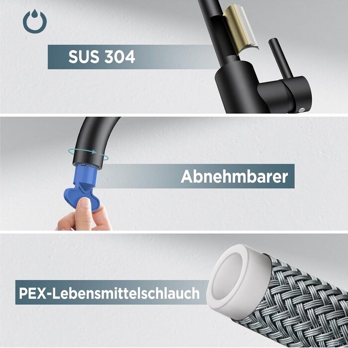 Змішувач кухонний FORIOUS, поворотний 360°, L-подібний, для 1 отвору, матовий чорний