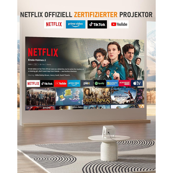 Міні проєктор Smart Beamer A-27000L з Wi-Fi 6, Bluetooth, підтримкою 4K та Netflix, Full HD 1080P, автофокусом та корекцією трапеції 6D для домашнього кінотеатру та використання на вулиці