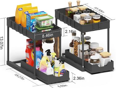 Dish Cabinet Organizer - 2 Pack Under Sink Shelf Organizer - Pull Out Storage Shelf Organizer with 16 Hooks, Black