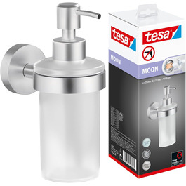 tesa Moon Soap Dispenser Set, satinized glass and chrome-plated stainless steel - Wall-mounted liquid soap dispenser without drilling, incl. adhesive solution - 109 mm x 70 mm x 156 mm