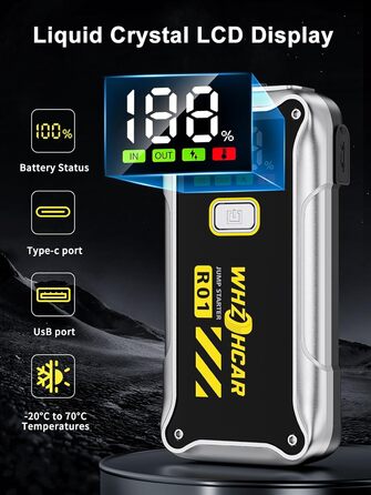 Powerbank Starthilfe 4000A: портативний пусковий пристрій для автомобіля 12V з LCD дисплеєм та LED ліхтариком. Підходить для бензинових (9.0L) та дизельних (7.5L) двигунів. Ідеально для SUV, мотоциклів та газонокосарок. Чорний колір.