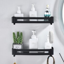 Maifey Shower Shelf No Drilling, Bathroom Shelves with 2 Detachable Hooks, Thickened Wall Shelf Shower Basket made of Space Aluminum, Wall Mount Shower Caddy Storage Organizer (Square, 2 Pieces, Black)