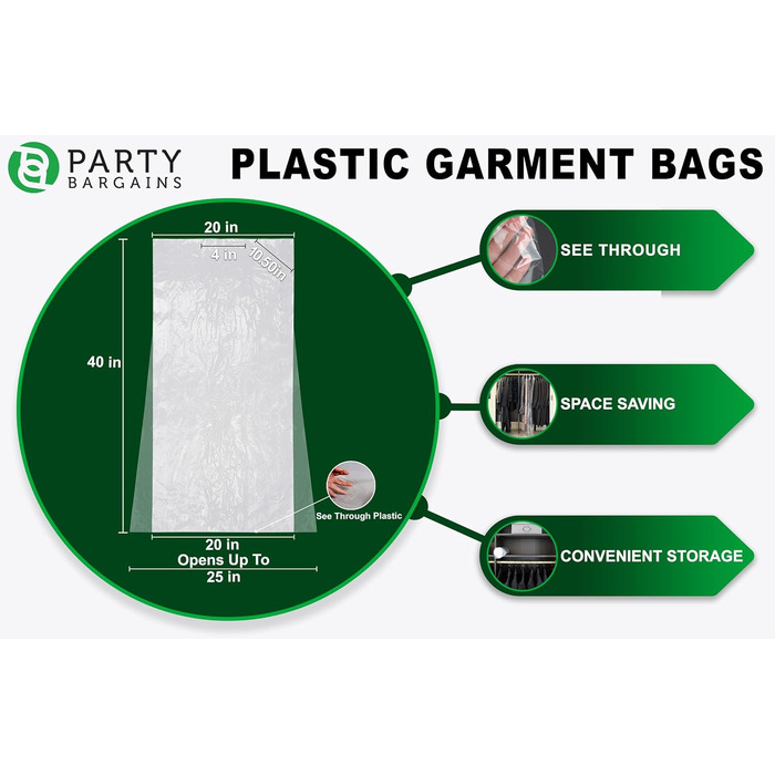 Прозорі пластикові чохли для одягу Party Bargains 63,5x101,6 см, 100 шт, 80 мкм, для хімчистки, пралень, захист костюмів, суконь, пальт, уніформи