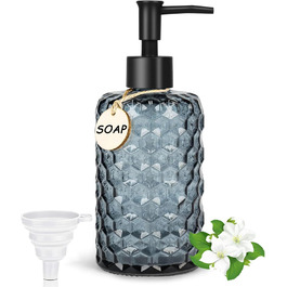 Скляний дозатор для мила 500 мл з хвильовим дизайном для ванної кімнати та кухні, з чорною пластиковою помпою, дерев'яними етикетками та воронкою (вугільно-блакитний)