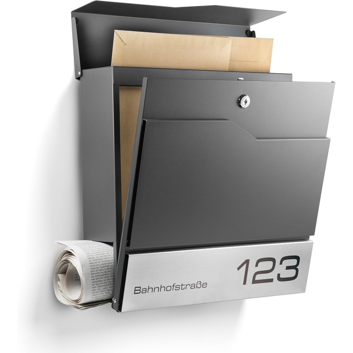Поштовий ящик настінний модерн Tokio Anthrazit RAL7016 з газетницею, гравіюванням імені та номера будинку з нержавіючої сталі. Стійкий до іржі та УФ-випромінювання