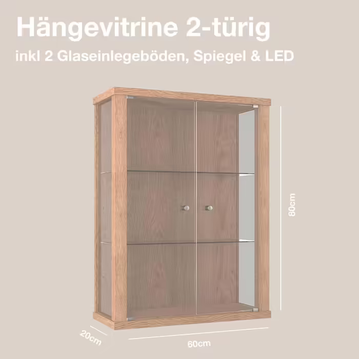 K-Möbel Wall Display Cabinet Glass - Made in Germany - Hanging glass display cabinet with 2 height-adjustable tempered glass shelves (ESG) in beech - Cabinet with glass doors - Wall cabinet - Display Cabinet (5) Winchester Oak, 80x60x25cm