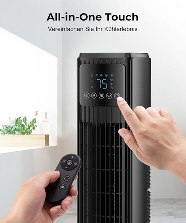 Вентилятор підлоговий електричний Turmventilator з пультом, 90° поворот, 4 швидкості/режими, таймер 12 год, чорний