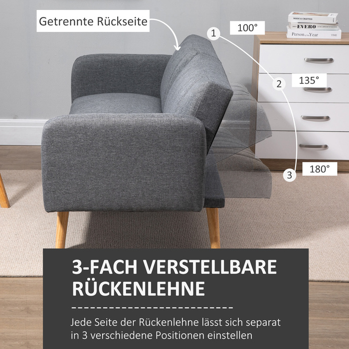 HOMCOM Sleeper Sofa, Convertible Sofa for 2 People, Sofa Bed with Sleeping Function, Linen-like Polyester, Rubber Wood, Grey, 173x75x73cm | Aosom