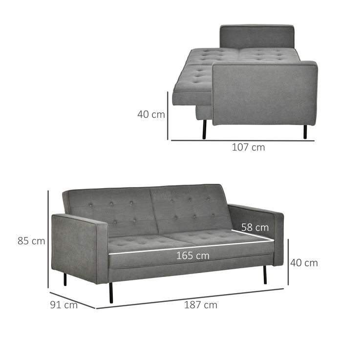 HOMCOM 3-Seater Sleeper Sofa with Reclining Function and Adjustable Angle, Vintage Design Made of Eucalyptus Wood and Cotton in Grey