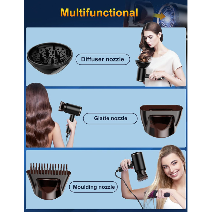 Професійний фен 2400W з іонізацією та складним механізмом, для швидкого сушіння, з насадкою-дифузором та сумкою, чорний
