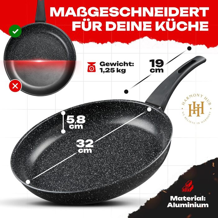 Сковорода HARMONY HUB 28 см з антипригарним покриттям, індукційна з індикатором нагріву, для всіх типів плит, довговічна, без PFOA (Чорна)