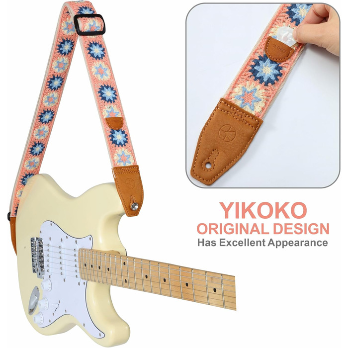 Гітарний ремінь 5,1 см з бавовняного друку, квітковий принт, з повним шкіряним кінцем, для бас-гітари, електрогітари та акустичної гітари, безкоштовна кнопка для ремінця, фіксатори ремінця та медіатори. Жовті ромашки (Рожеві ромашки)