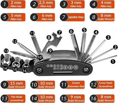 Набір інструментів ROCKBROS для ремонту велосипеда 16 в 1, складаний, чорний