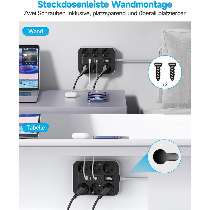 Мережевий фільтр 6-фазний з USB (3 USB-A, 3 USB-C), настінний, з вимикачем та кабелем 2м, захист від перенапруги, чорний