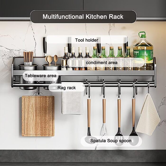 Настінна полиця для спецій, кухонна полиця без свердління, сіра, 50х13.4х12 см, з гачками та підставками для кухонного приладдя