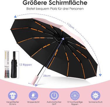 Вітростійкий та водонепроникний парасолька Schutz з автоматичним відкриванням, 12 спиць, компактний та стабільний, для жінок та чоловіків, рожевий