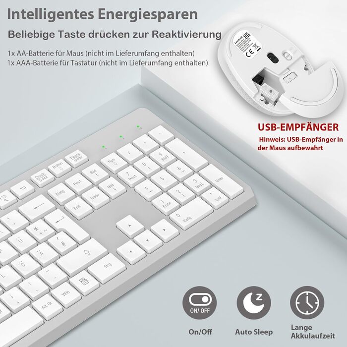 Бездротовий комплект клавіатури та миші Leadsail K786 з цифровою клавіатурою QWERTZ (німецька) - тиха клавіатура, 2.4 GHz, USB Nano приймач для ПК/ноутбука (сірий)