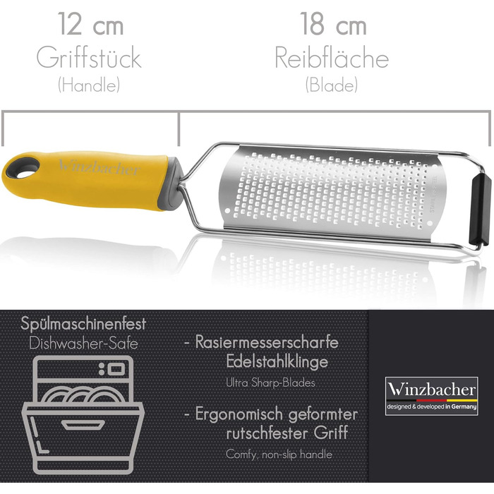 Терка Winzbacher Premium для сиру, лимона, мускатного горіха, імбиру (нержавіюча сталь, жовта) + щітка для чищення