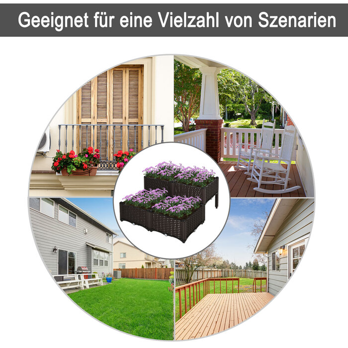 Outsunny Raised Garden Bed Rattan Plant Box 40x40x44cm with PP Drainage Holes, Brown for Garden Balcony
