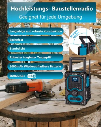 Радіо для будівельного майданчика з DAB+, FM, Bluetooth 5.0, 16W, акумулятор 8000mAh, USB-зарядка, Aux, захист від пилу та вологи (блакитне)